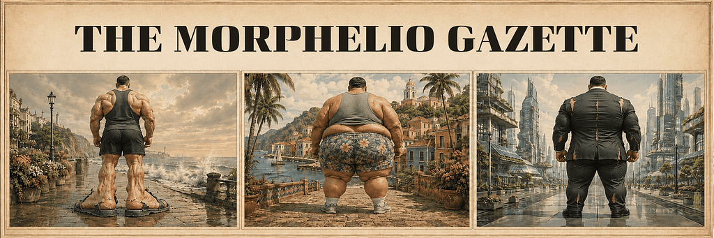 The Morphelio Gazette masthead with three figures across Seaport - huge feet, Barabeli - massively fattened, and downtown - enormously musclebound