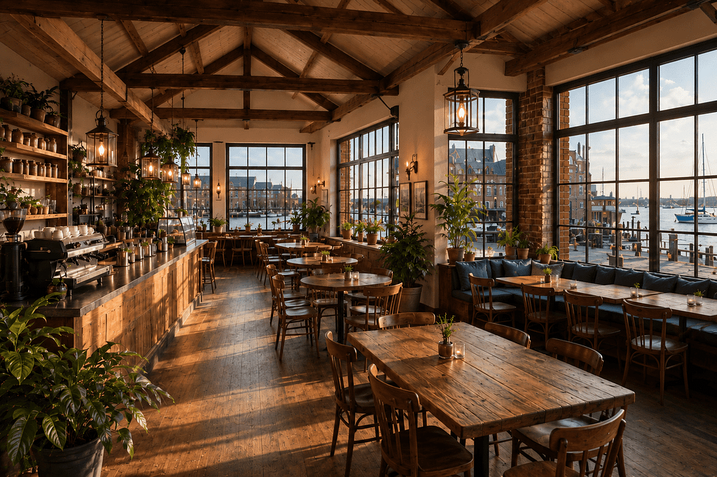 The warm interior of Paw and Plume cafe, wooden tables and a coffee bar under beams with a harbor view.