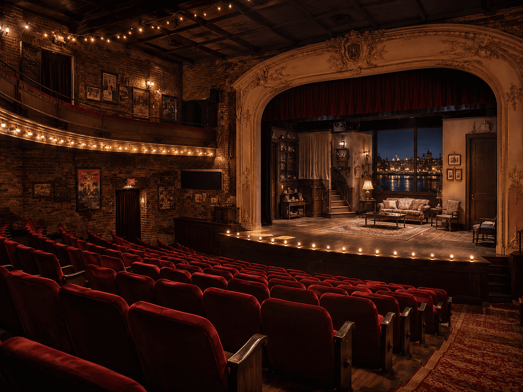 The Community Theater in Seaport, red velvet seats facing a lamplit stage