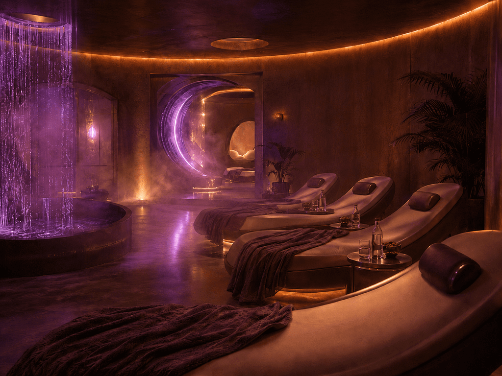 The Pod in Bastinna, reclining loungers beside a glowing violet water feature in soft mist