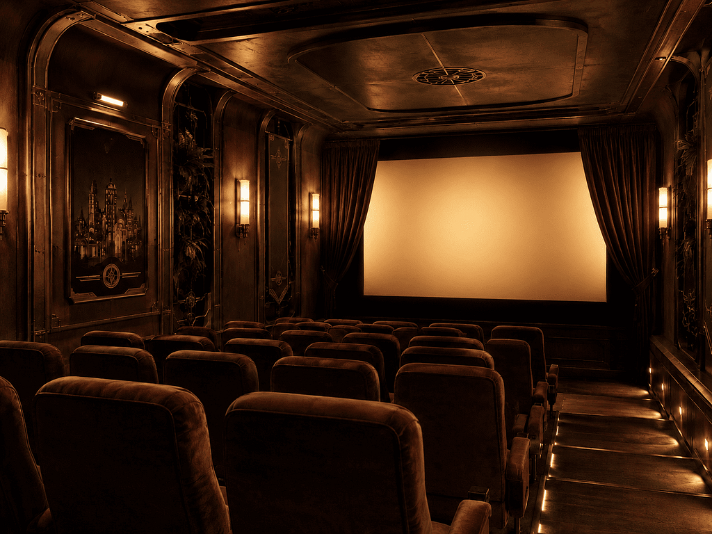 The Cinema, plush red seats facing a glowing screen in Downtown Morphelio