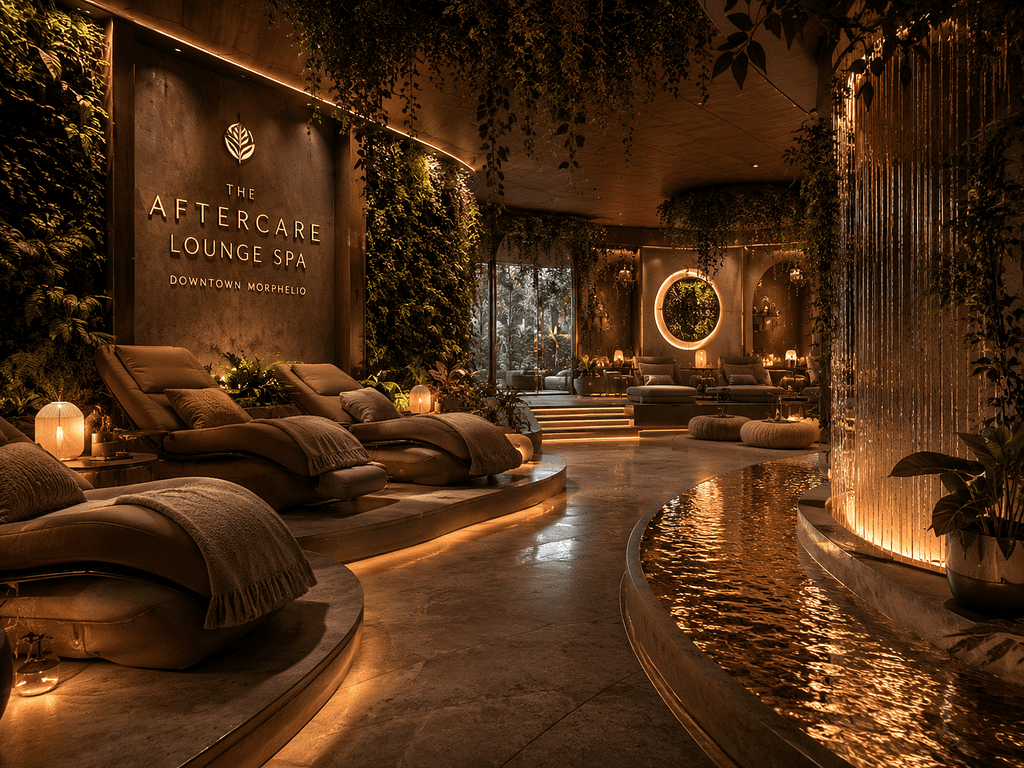 The Aftercare Lounge and Spa in Downtown Morphelio, candlelit recliners and a water channel
