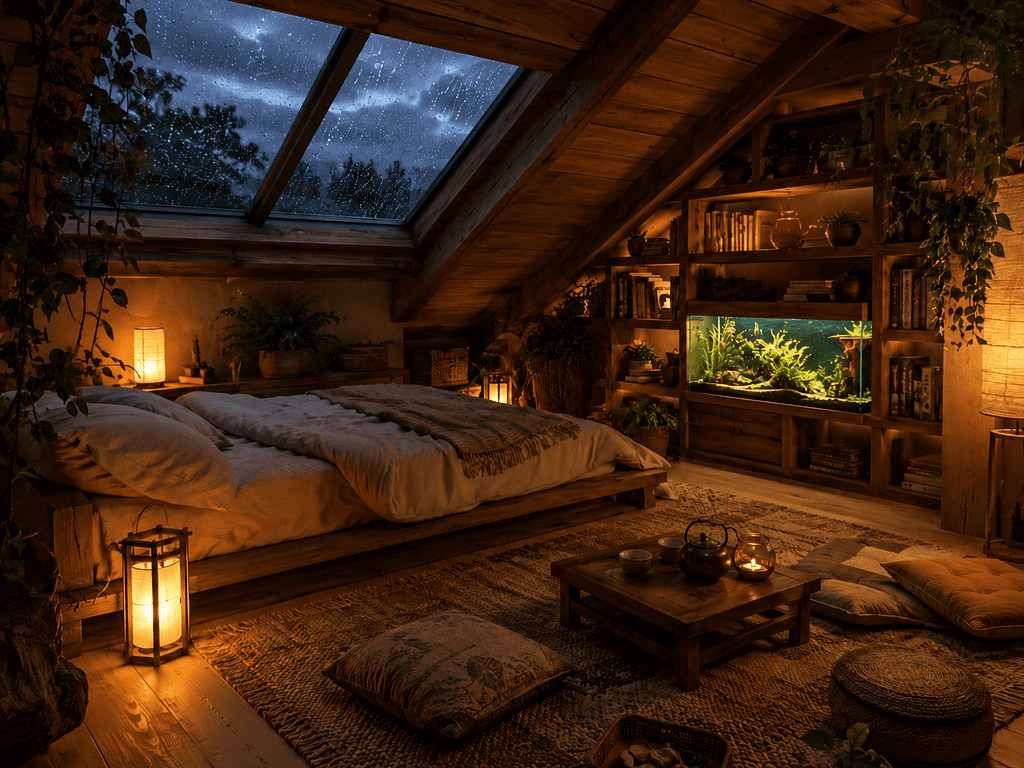 Max's attic bedroom, a low bed and shelves with a glowing aquarium beneath a rainy skylight.