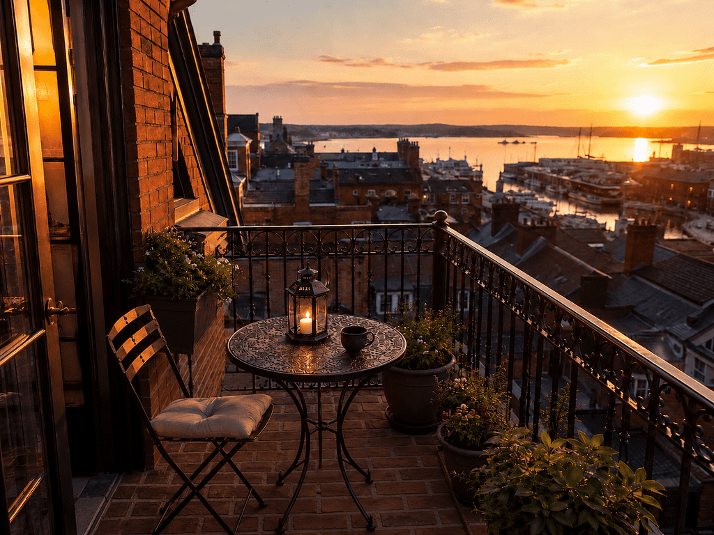 Max's brick balcony at sunset, a bistro table and lantern overlooking the seaport rooftops and harbor.