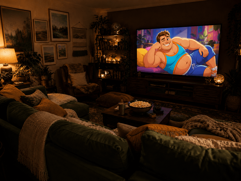 A cozy living room with Max's animated form on the TV and popcorn on the table