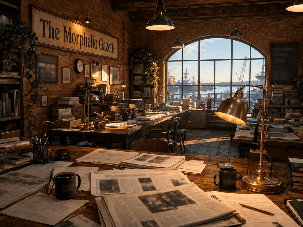 The Morphelio Gazette newsroom, brick walls and an arched window over the harbor