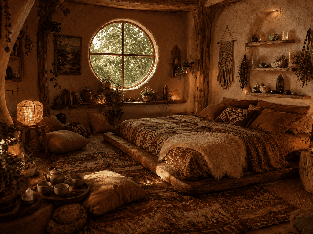 Remy's adobe burrow, a low bed and round window in warm lamplight with dried herbs