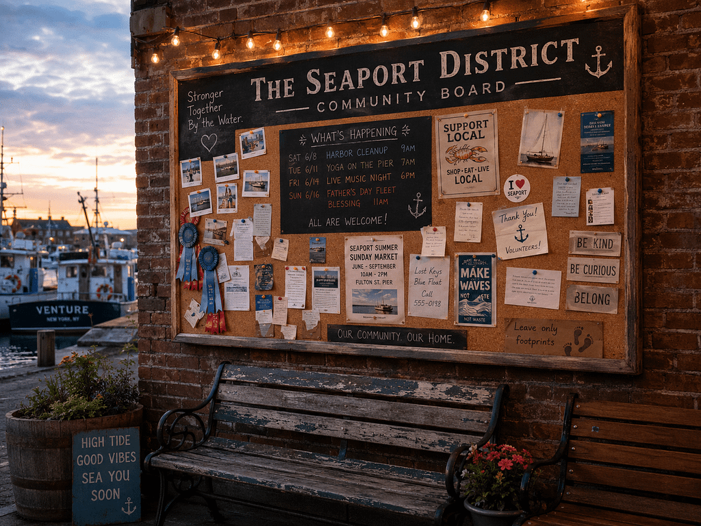 The Seaport District community board, a cork board of notes beside a wharf at sunset