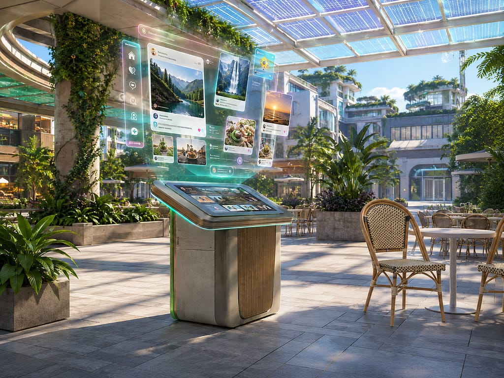 A solarpunk plaza kiosk projecting Max Reynard's holographic social feed
