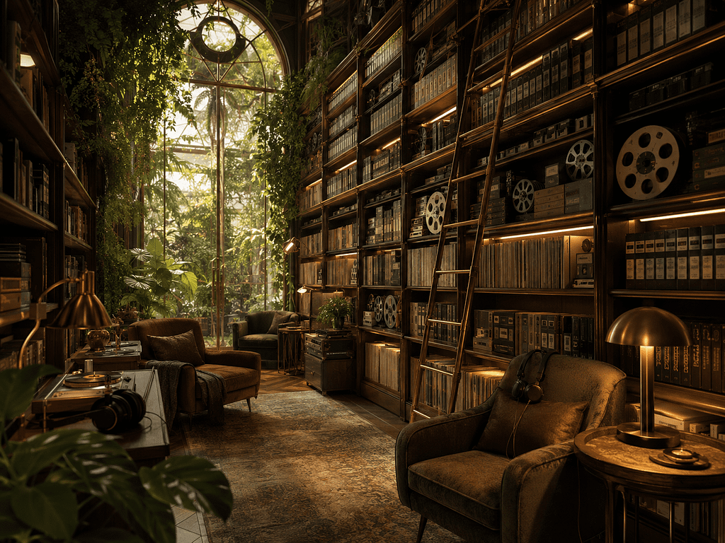 The Library, towering shelves of audio reels and books with a jungle window