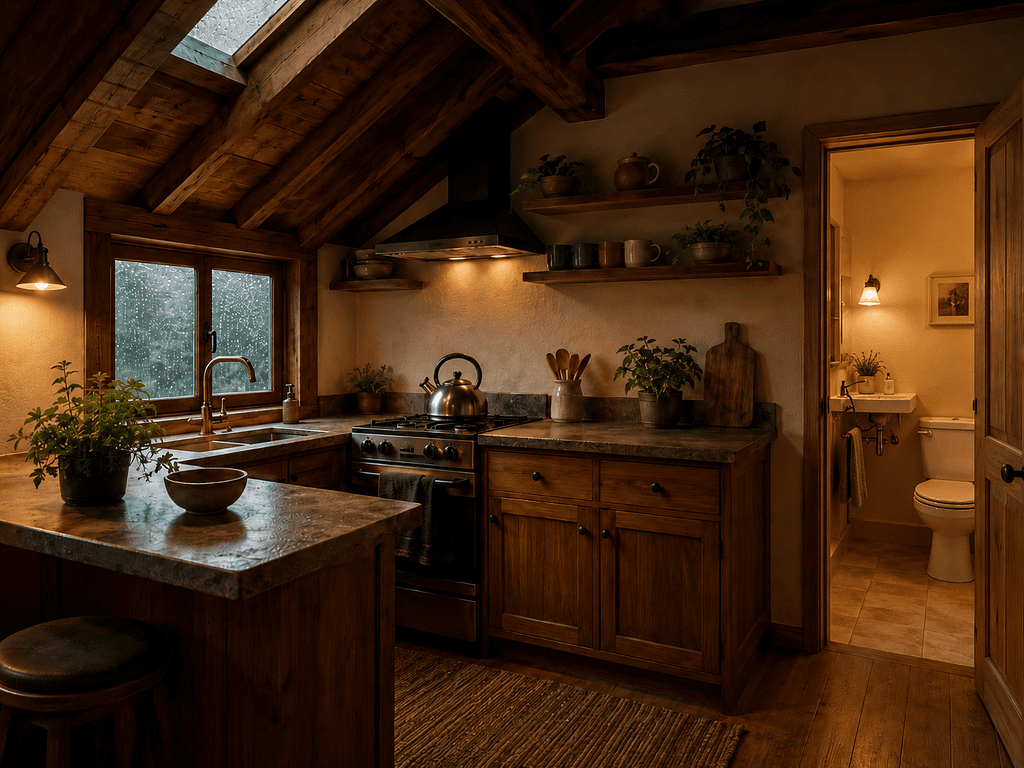 Max's attic kitchen, wood cabinets and a kettle on the stove with a small bathroom through the doorway.