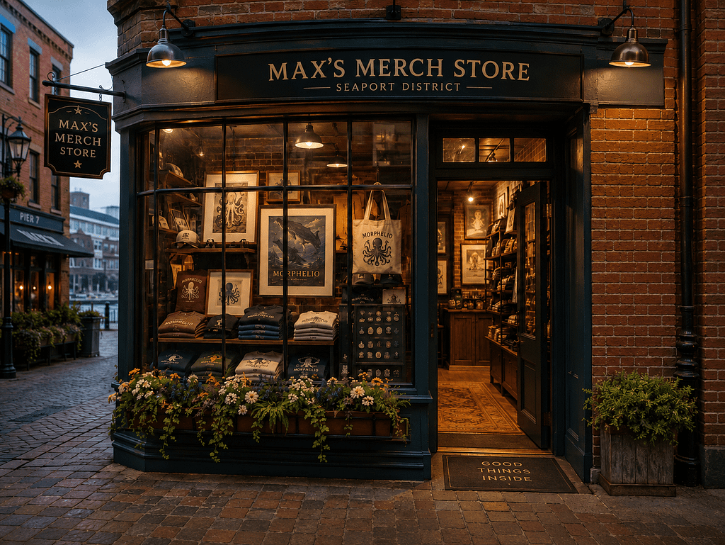 Max's Merch Store, a brick Seaport storefront with apparel and prints in the window