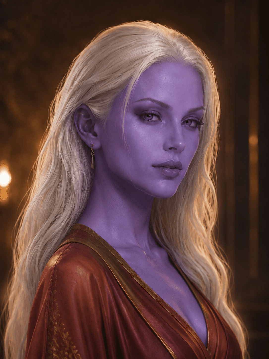 Auna-7, the lilac-skinned android Bastinna Bureau Chief, platinum hair and a crimson robe