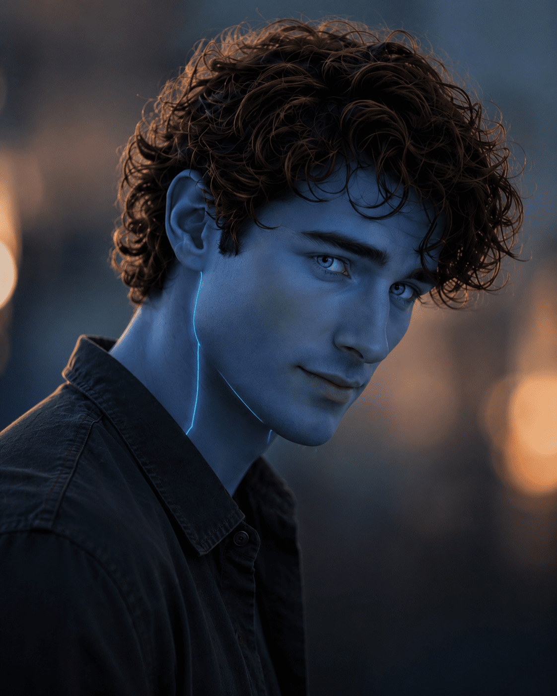 Caspian, a blue-skinned android with a glowing blue circuit line, dark curls and bright eyes.