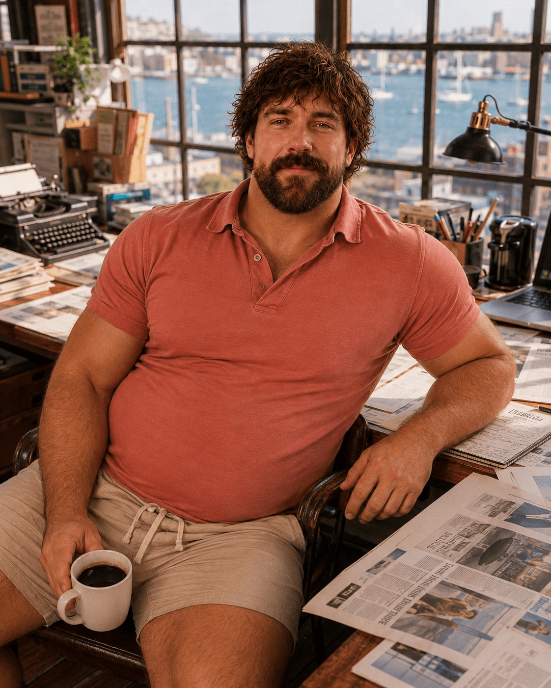 Max Reynard at his newsroom desk by a harbor window, coffee in hand