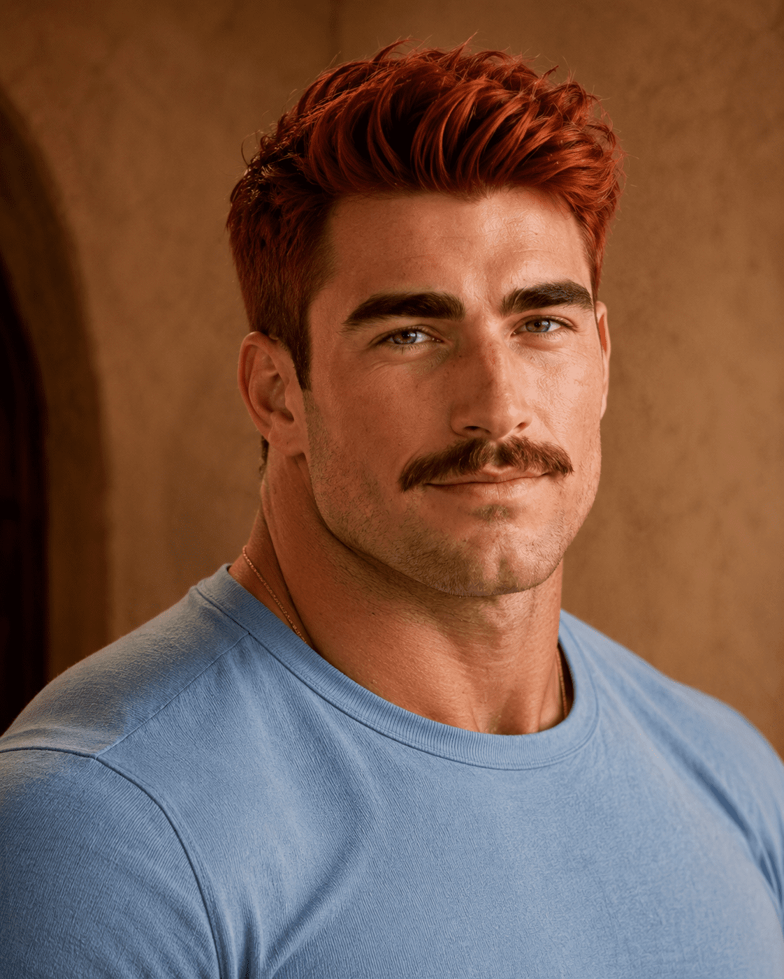 Remy RABID unmasked, auburn hair and mustache, in a sky-blue tee with a gold chain.