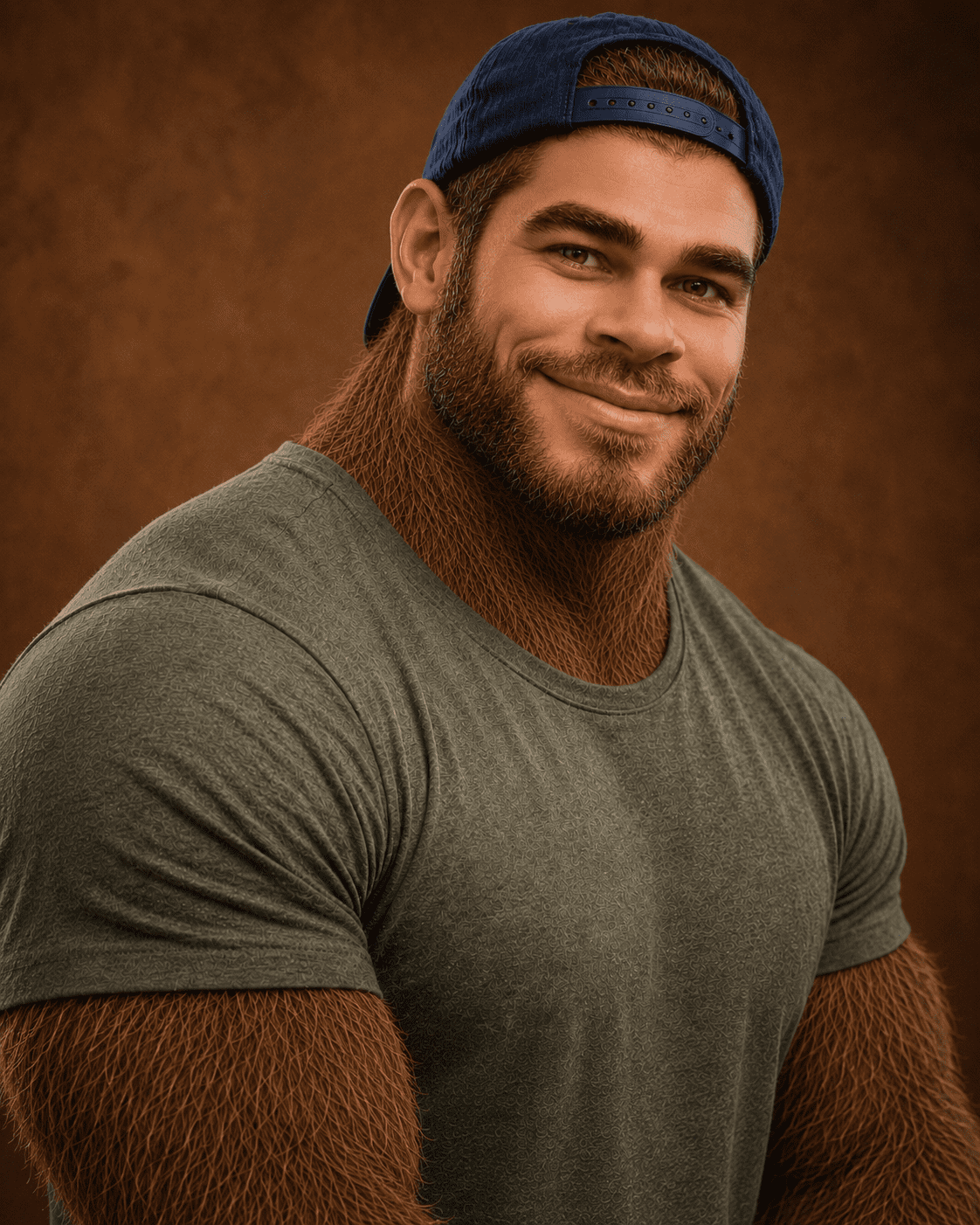 Boone, a Bigfoot-type man with a backwards cap, full beard and dense brown fur.