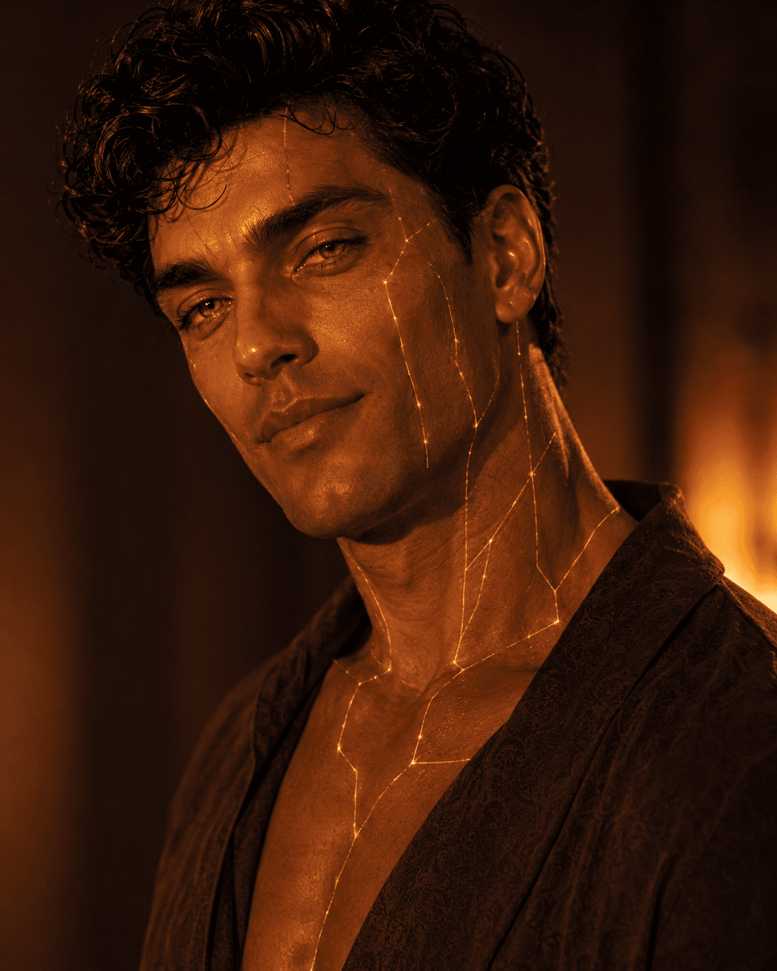 Eros-11, an android with orange-toned skin and glowing golden constellation lines, by firelight.