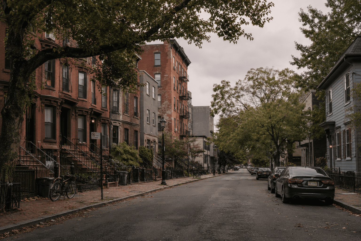 Old Morphelio, established rows of brick brownstones under mature trees.
