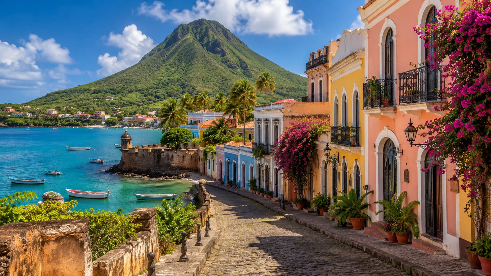 Barabeli Island, a volcanic peak above a pastel colonial village and turquoise bay.