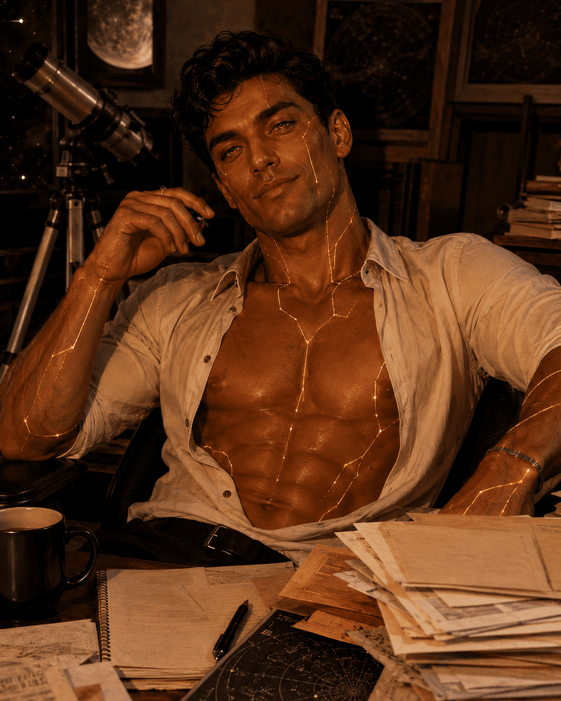 Eros-11 reclining at his letters desk beside a telescope, golden lines tracing his torso.