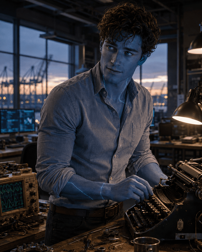 Caspian at his harbor workbench, blue circuitry glowing as he works a vintage typewriter.
