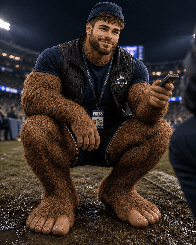 Boone covering a night game, press badge and huge furry feet, crouched on the field.