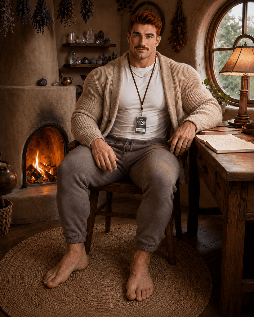 Remy RABID in his adobe burrow by the fire, cream cardigan and press badge, barefoot.