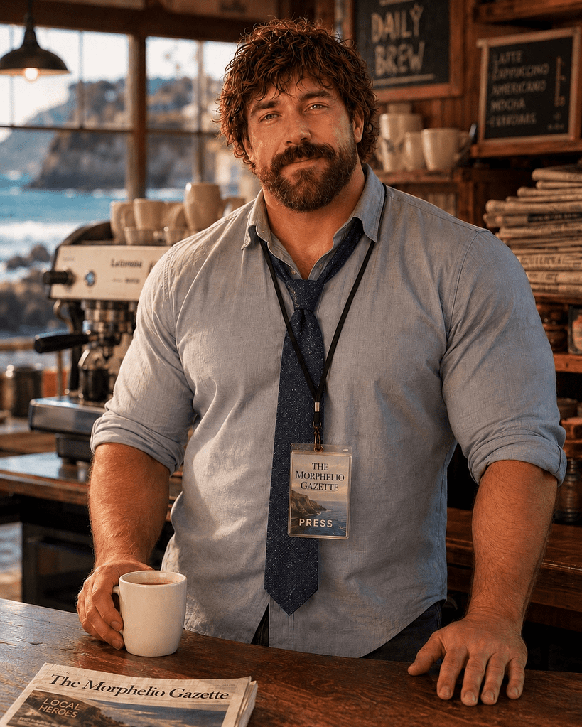 Max Reynard, Editor-in-Chief, behind the cafe counter with his Morphelio Gazette press badge.